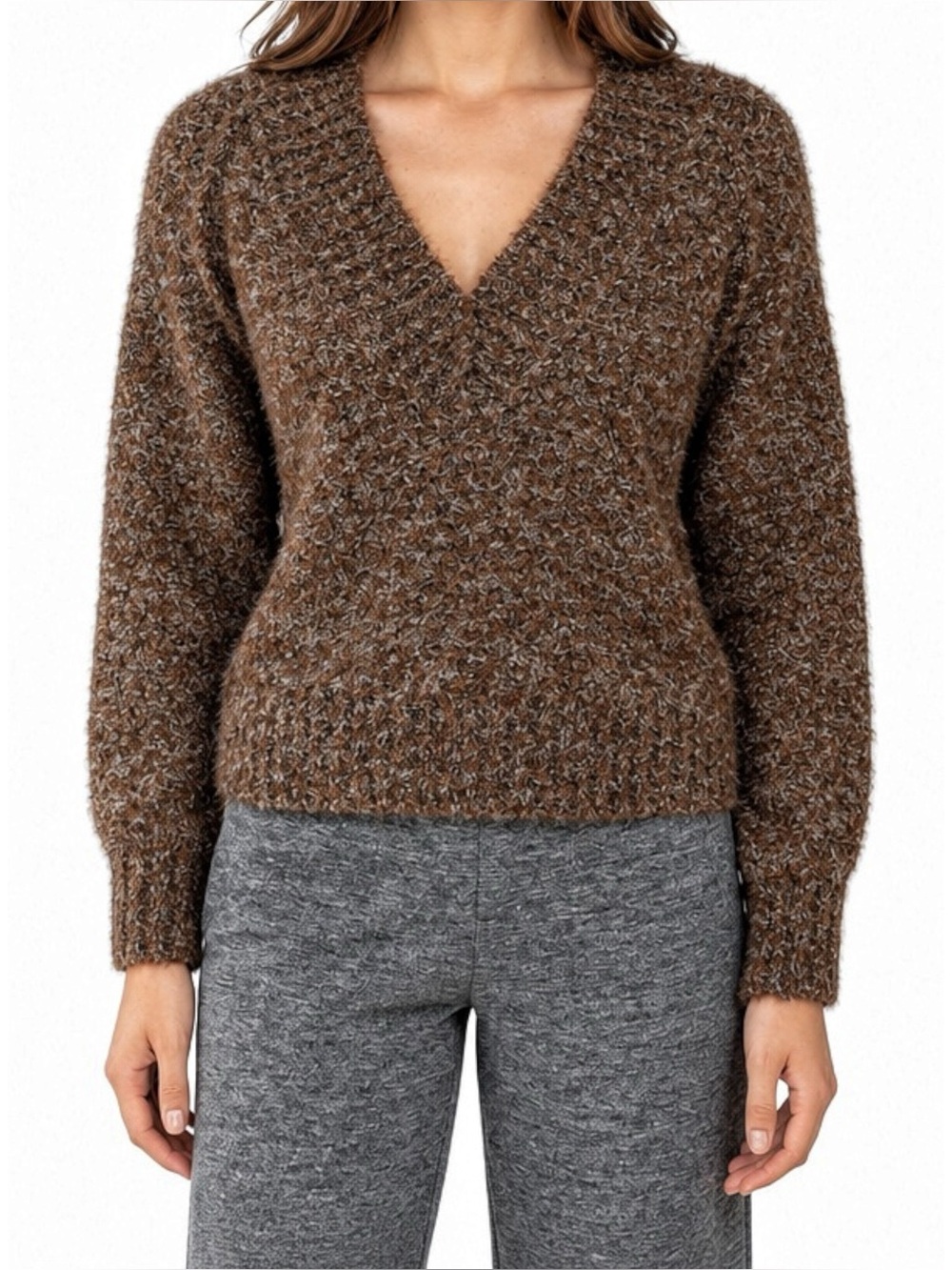 SSKEIN V-Neck Bouclé Superfine Alpaca Pullover, Brown Marl, Small